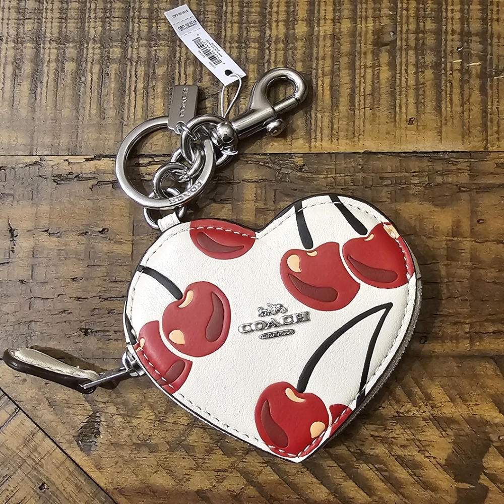 🍒NWT Coach Cherry Print Heart Coin Pouch Bag Charm🍒